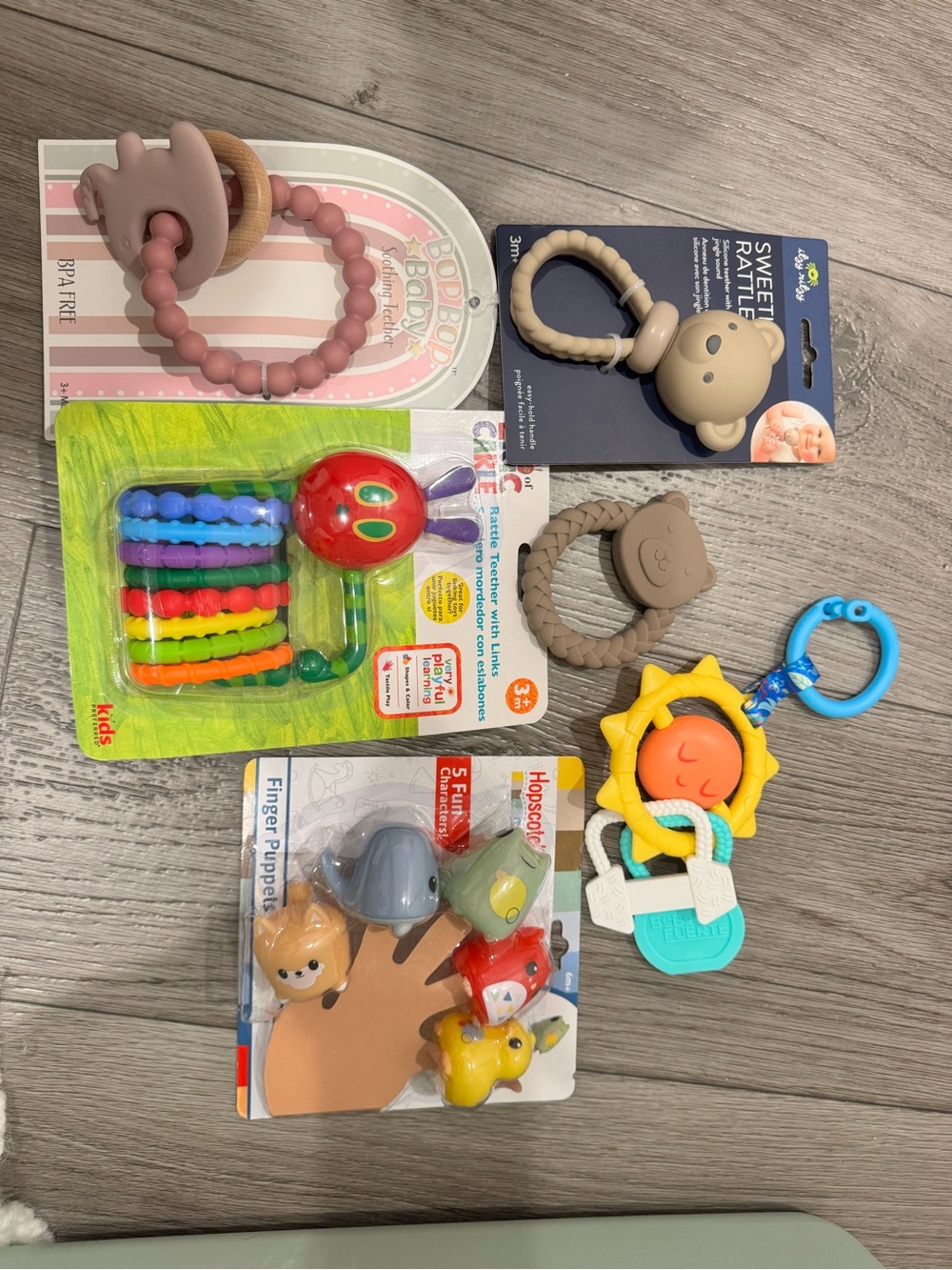 Assorted Kids Teething & Rattle Toy Set - Pink, Beige, Brown, Blue, Yellow